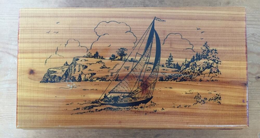 Vintage 70s Solid Cedar Wood Sailboat Nautical Print Trinket Jewelry Vanity Box